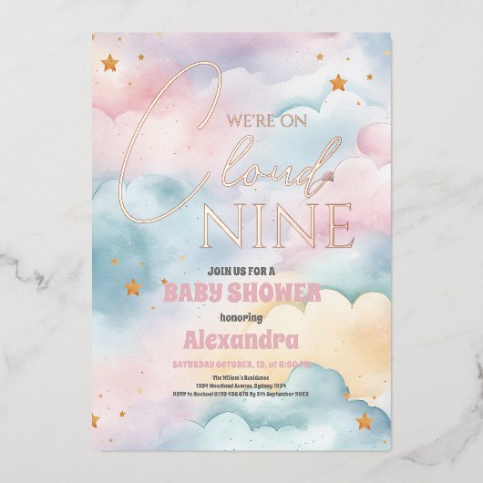 Cloud 9 Gold Stars Waterverf Baby shower Folie Uitnodiging (Voorkant)