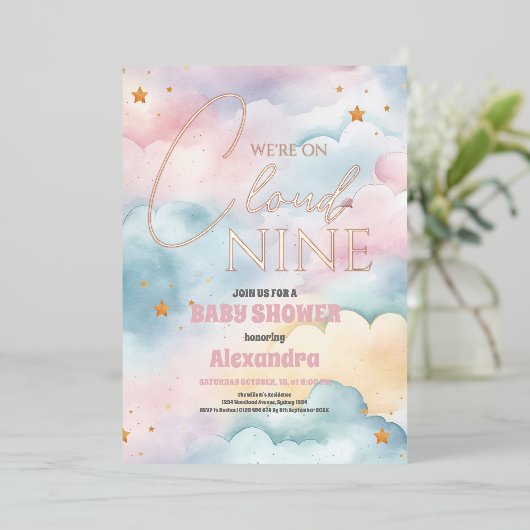 Cloud 9 Gold Stars Waterverf Baby shower Folie Uitnodiging (Staand Voorkant)