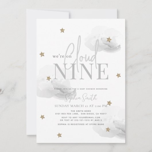 Cloud 9 Gold Stars Waterverf grijs Baby shower Kaart (Voorkant)