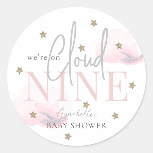 Cloud 9 Gold Stars Waterverf Roze Baby shower Ronde Sticker (Voorkant)
