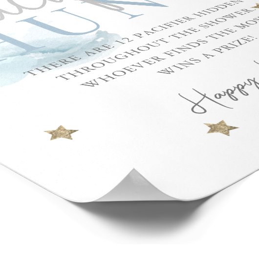 Cloud 9 Gouden Sterren Blauw Baby shower Fopspeen  Poster (Hoek)