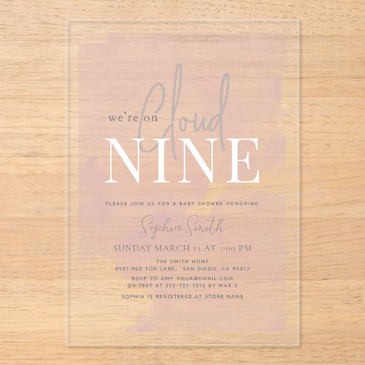 Cloud 9 Gouden Sterren Roze Meisje Baby Shower Acryl Uitnodigingen (Voorkant)