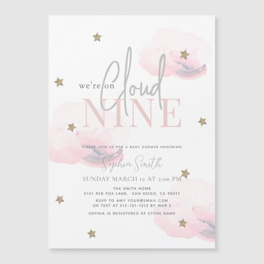 Cloud 9 Gouden Sterren Waterverf Roze Baby Shower Magnetische Uitnodiging (Voorkant)