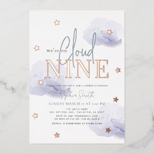 Cloud 9 Lavendel Clouds Waterverf Boy Baby shower Folie Uitnodiging
