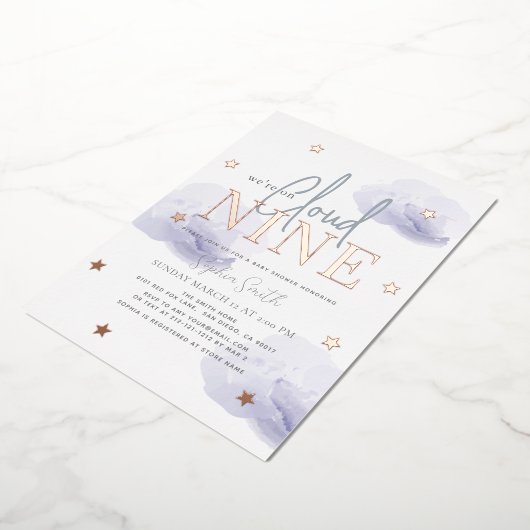 Cloud 9 Lavendel Clouds Waterverf Boy Baby shower Folie Uitnodiging (Gedraaid)