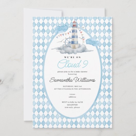 Cloud 9 Nautical Lighthouse Waterverf Baby shower Kaart (Voorkant)