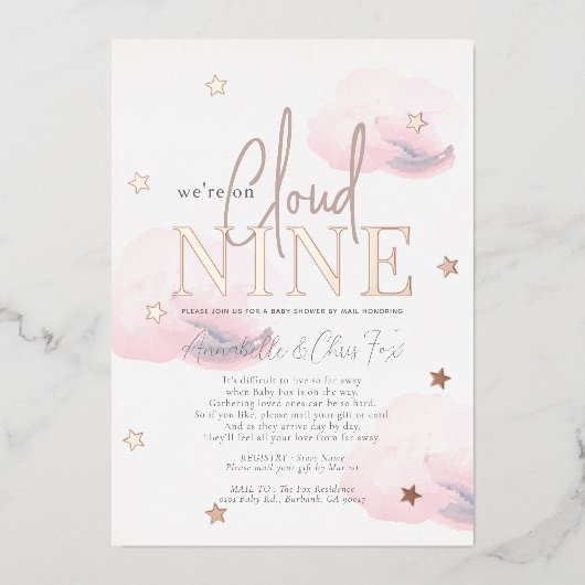 Cloud 9 Pink Clouds Meisje Baby shower per Mail Folie Uitnodiging (Voorkant)