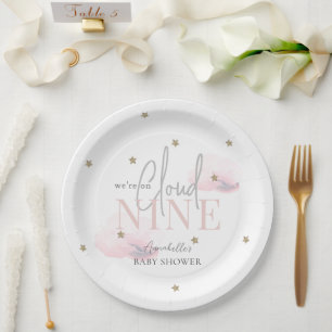 Cloud 9 Roze Wolken & Gouden Sterren Meisje Baby s Papieren Bordje