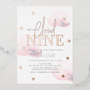 Cloud 9 Roze Wolken Waterverf Meisje Baby shower Folie Uitnodiging