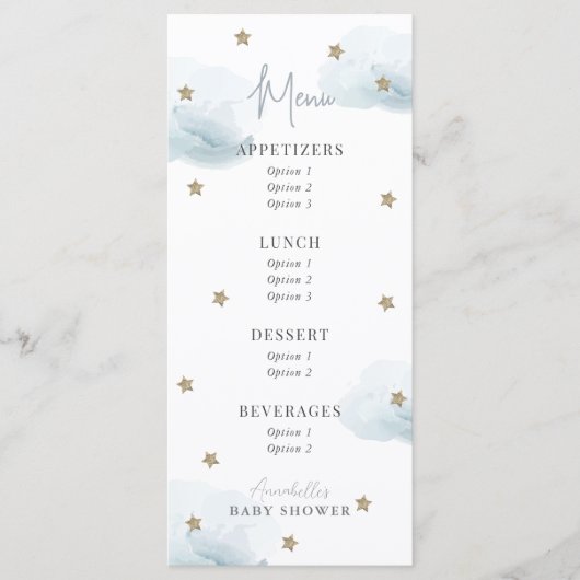 Cloud 9 sterren Waterverf Baby shower Menu (Voorkant)