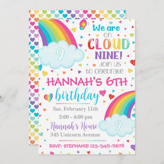 Cloud 9 Uitnodiging, 9e verjaardag Uitnodiging (Voorkant / Achterkant)