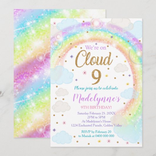 Cloud 9 Uitnodiging regenboogwolken uitnodigen (Voorkant / Achterkant)