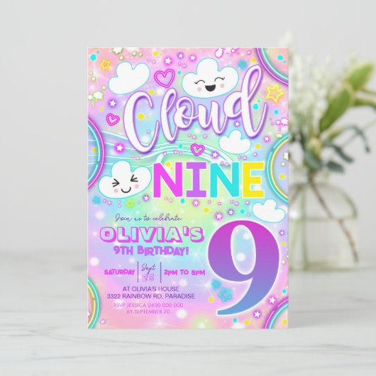 Cloud 9 verjaardagsuitnodiging Rainbow Neon Kaart (Staand voorkant)