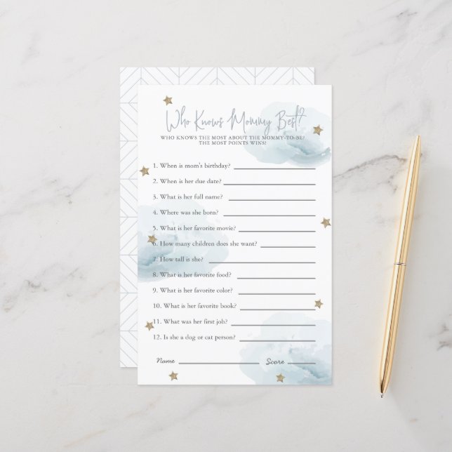 Cloud 9 Wie kent mama blauw Baby shower spel (Voorkant / Achterkant in situ)
