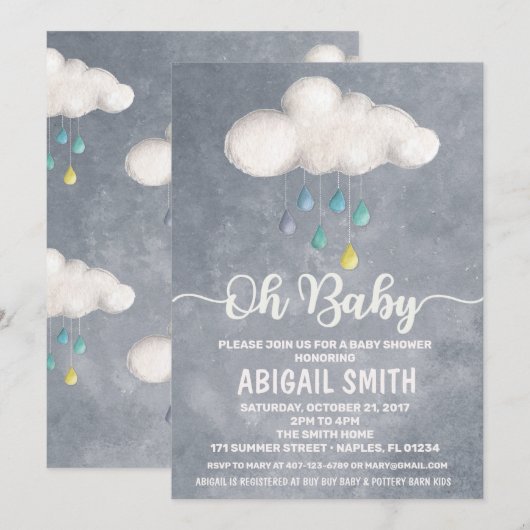 Cloud Baby shower Invitation Raindrop Love Kaart (Voorkant / Achterkant)