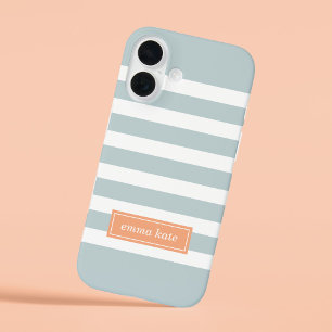 Cloud Blue en Peach Preppy Stripes Monogram iPhone 16 Hoesje