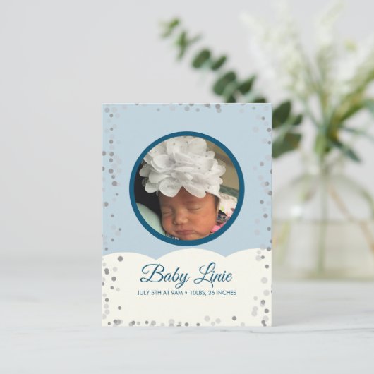Cloud Confetti Dot Border Baby grijs blauw Aankondigingskaart (Staand voorkant)