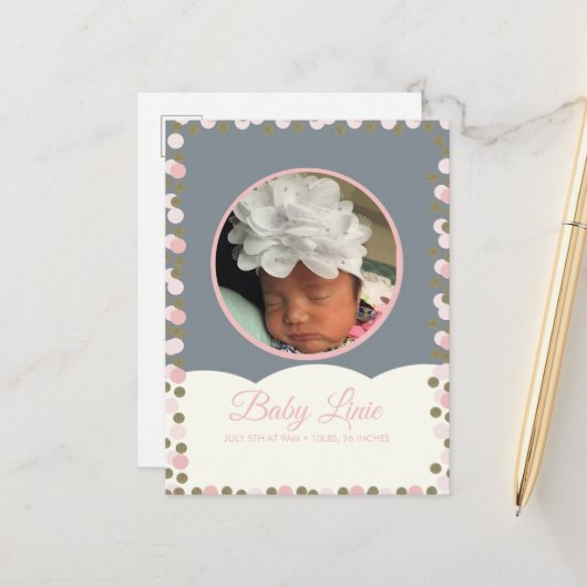 Cloud Confetti Dot Border Baby kondiging Kaart (Voorkant / Achterkant in situ)