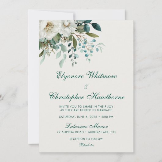 Cloud Dancer Forest Teal Script Floral Wedding Kaart (Voorkant)