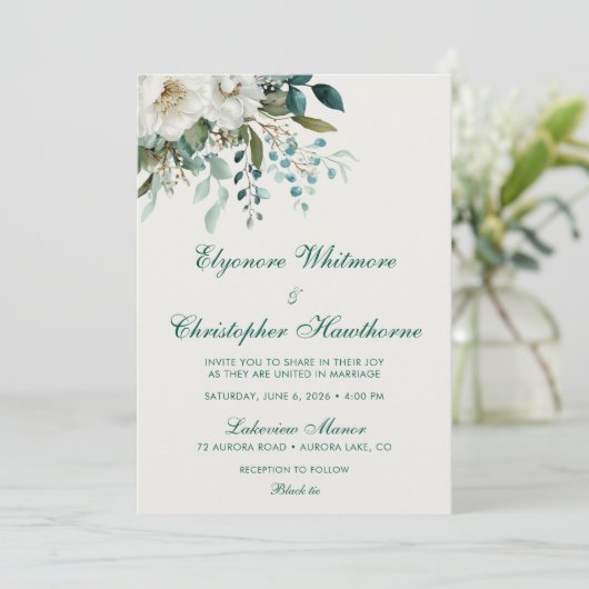 Cloud Dancer Forest Teal Script Floral Wedding Kaart (Staand voorkant)