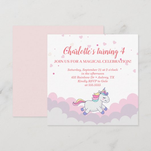 Cloud & Eenhoorn Meisje Verjaardag Uitnodiging (Voorkant / Achterkant)