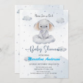 Cloud Elephant Blue Baby shower Invitation Kaart (Voorkant / Achterkant)