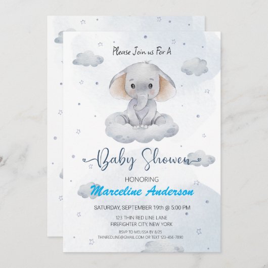 Cloud Elephant Blue Baby shower Invitation Kaart (Voorkant / Achterkant)