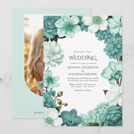 Cloud Mint, Frosted Teal & Seaglass Ivory Bruiloft Kaart (Voorkant / Achterkant)