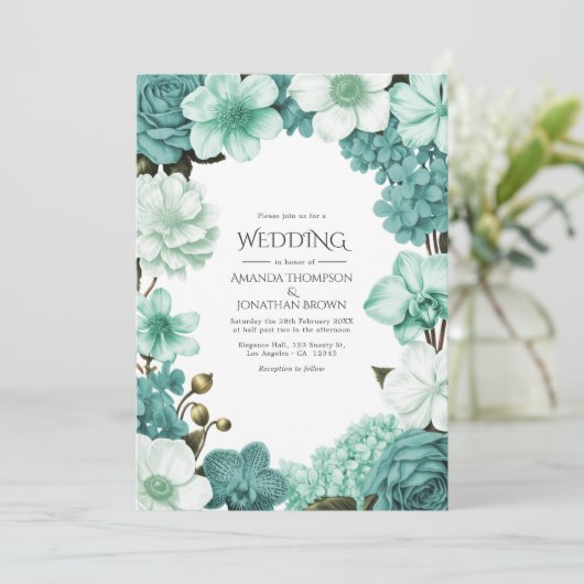 Cloud Mint, Frosted Teal & Seaglass Ivory Wedding Kaart (Staand voorkant)