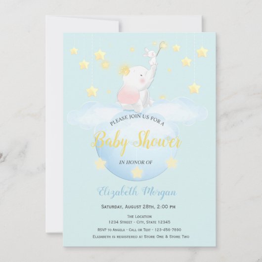 Cloud Moon, Stars Elephant Blue Stippen Baby showe Kaart (Voorkant)