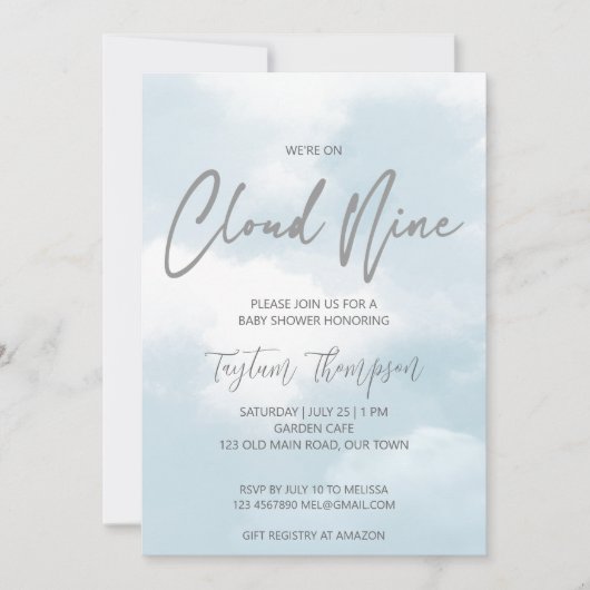 Cloud negen baby shower grijs stoffig blauw kaart (Voorkant)