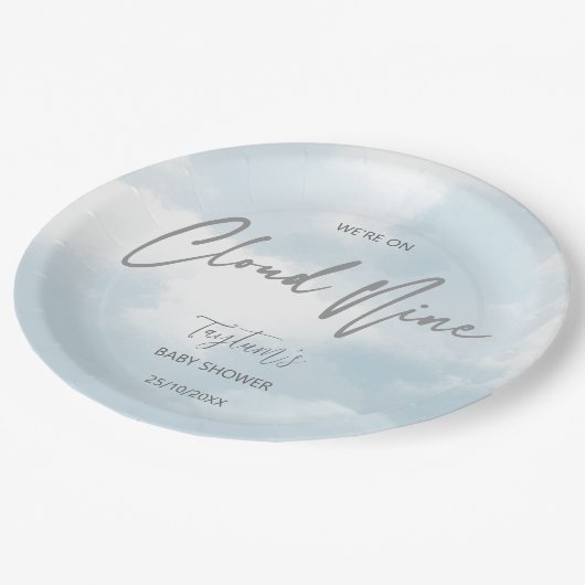 Cloud negen baby shower grijs stoffig blauw papieren bordje (Gekanteld)