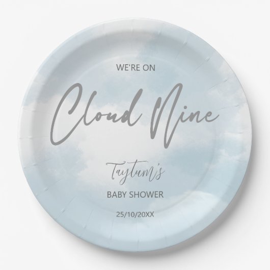 Cloud negen baby shower grijs stoffig blauw papieren bordje (Voorkant)