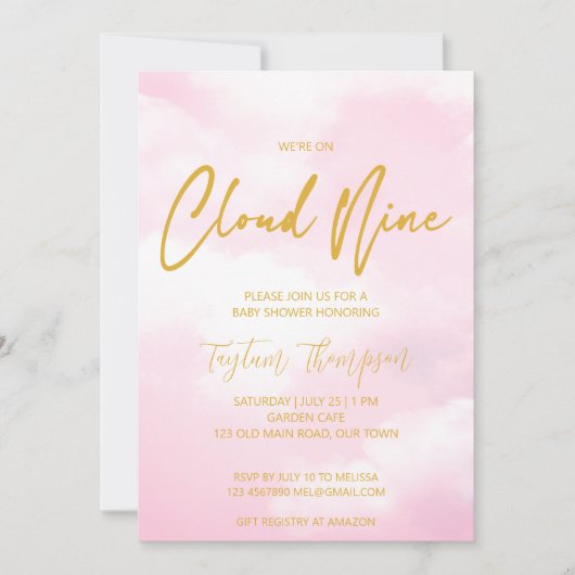 Cloud negen roze en gouden baby shower kaart (Voorkant)