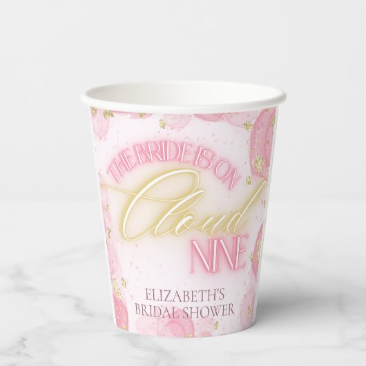Cloud Nine 9 Glow Roze Gouden Glitter Bruidsfeest Papieren Bekers (Achterkant)