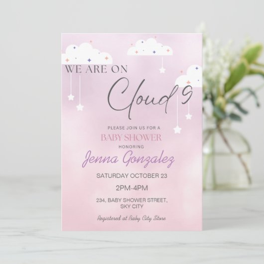 Cloud Nine 9 Meisje Roze Baby shower Invitation Kaart (Staand voorkant)