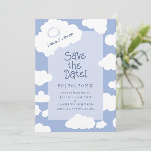 Cloud Nine 9 Schattigee Plezier Whimsical Unieke B Save The Date (Staand voorkant)