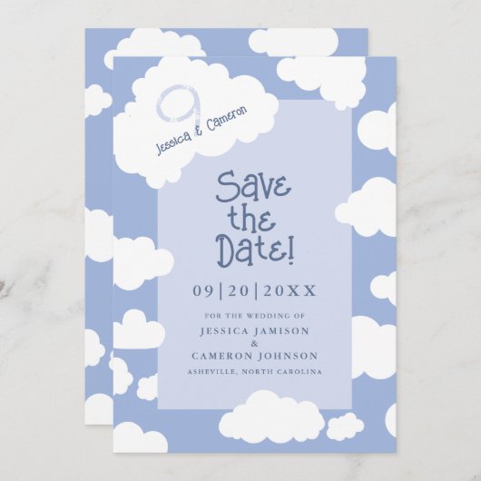 Cloud Nine 9 Schattigee Plezier Whimsical Unieke B Save The Date (Voorkant / Achterkant)