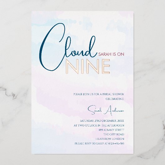 Cloud Nine Abstract Blauw Roos Goud Vrijgezellenfe Folie Uitnodiging (Voorkant)