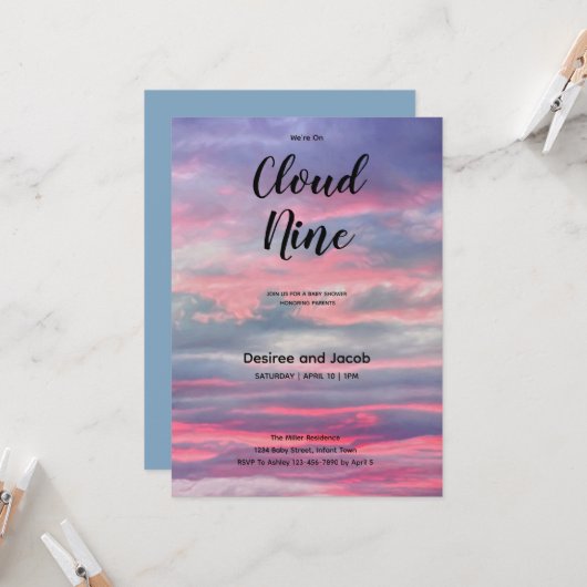 Cloud Nine Baby Boy Shower Invitations Kaart (Voorkant / Achterkant in situ)