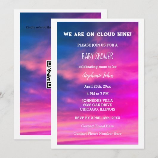 Cloud Nine Baby shower Kleurrijke Roze Kunst QR Co Kaart (Voorkant / Achterkant)