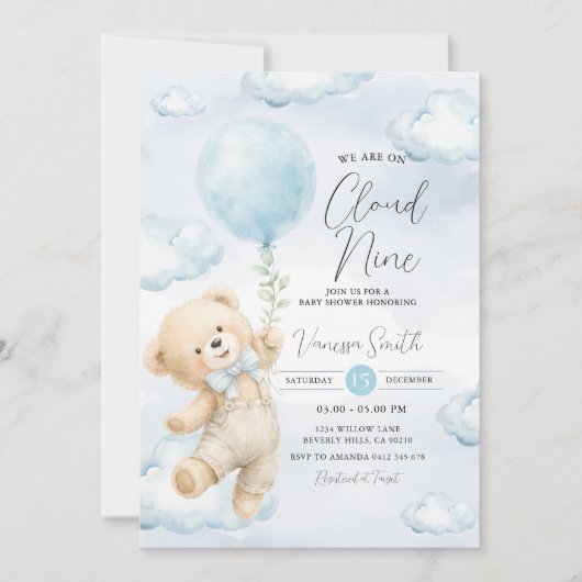 Cloud Nine Baby Shower Uitnodiging Blauwe Beer  (Voorkant)