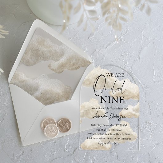 Cloud Nine Beige Gender Neutral Sky Baby shower Acryl Uitnodigingen