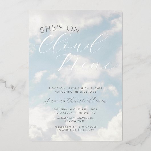 Cloud Nine Blue Cloudy Sky Modern Vrijgezellenfees Folie Uitnodiging (Voorkant)