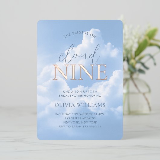 Cloud Nine Blue Sky Clouds-Vrijgezellenfeest Folie Uitnodiging (Staand Voorkant)