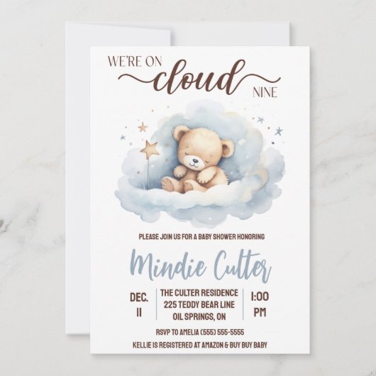 Cloud Nine, Blue Sleeping Teddy Bear Baby shower Kaart (Voorkant)