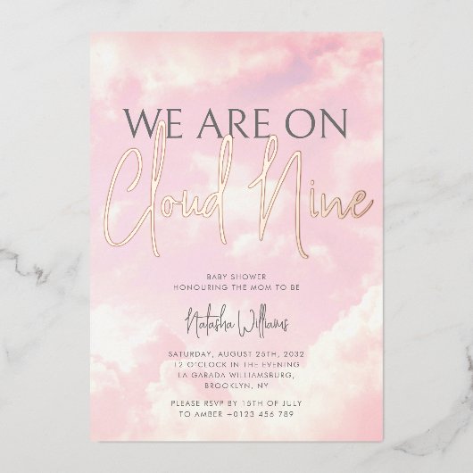 Cloud Nine Clouds Sky Baby shower Folie Uitnodigin Folie Uitnodiging (Voorkant)