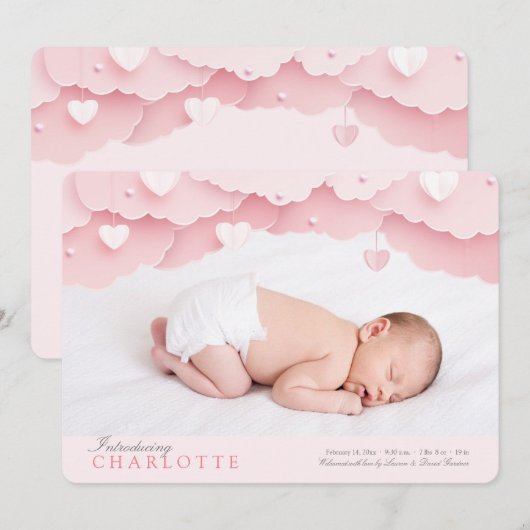 Cloud Nine Foto geboorteaankondiging Roze Aankondiging (Voorkant / Achterkant)