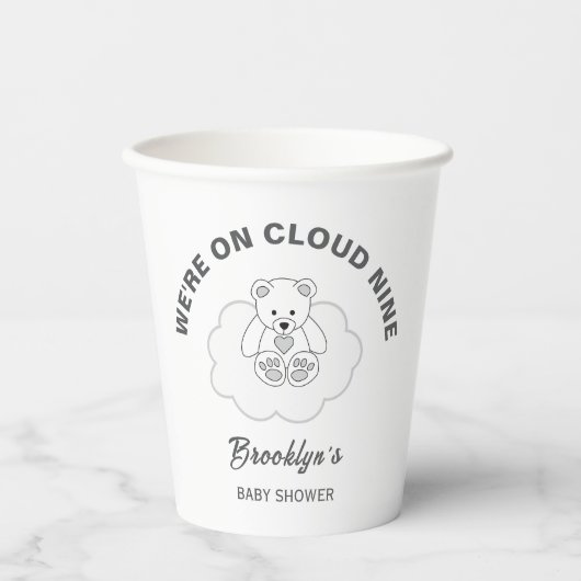 Cloud Nine Genderneutraal Baby shower Teddy Bear Papieren Bekers (Voorkant)
