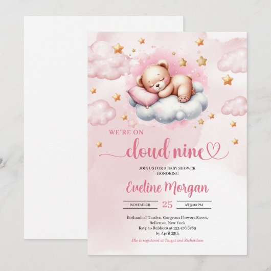 Cloud nine girl baby shower uitnodiging (Voorkant / Achterkant)